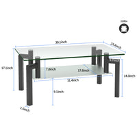 Modern Rectangle Black Glass Coffee Table - Clear Top Center Table for Living Room, Stylish Side Table Furniture