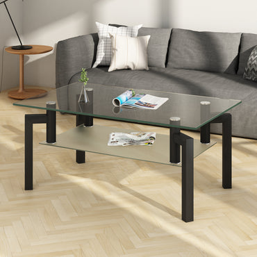 Modern Rectangle Black Glass Coffee Table - Clear Top Center Table for Living Room, Stylish Side Table Furniture