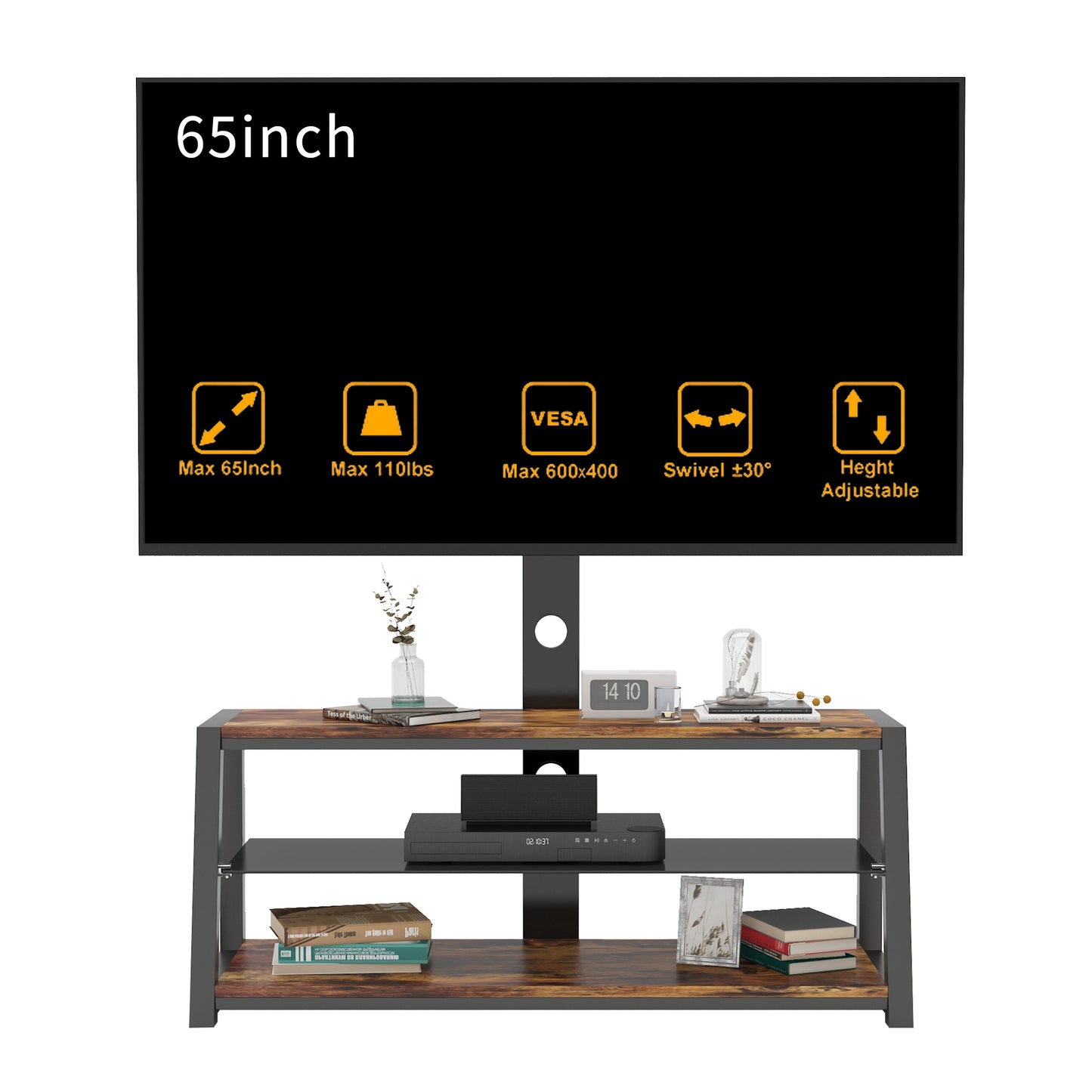 Height Adjustable Universal Swivel TV Stand with Black Wooden Storage & Tempered Glass for Entertainment Center