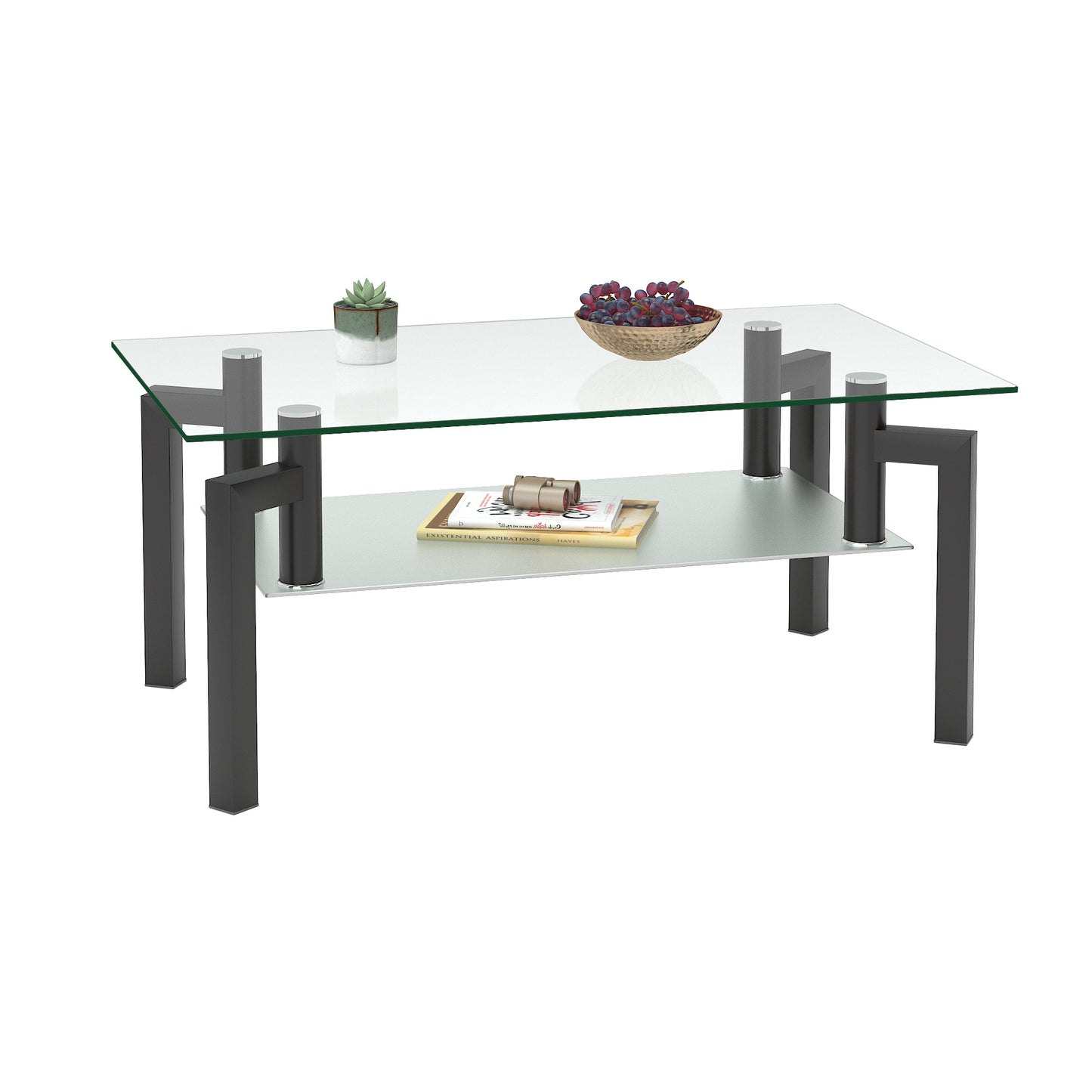 Modern Rectangle Black Glass Coffee Table - Clear Top Center Table for Living Room, Stylish Side Table Furniture