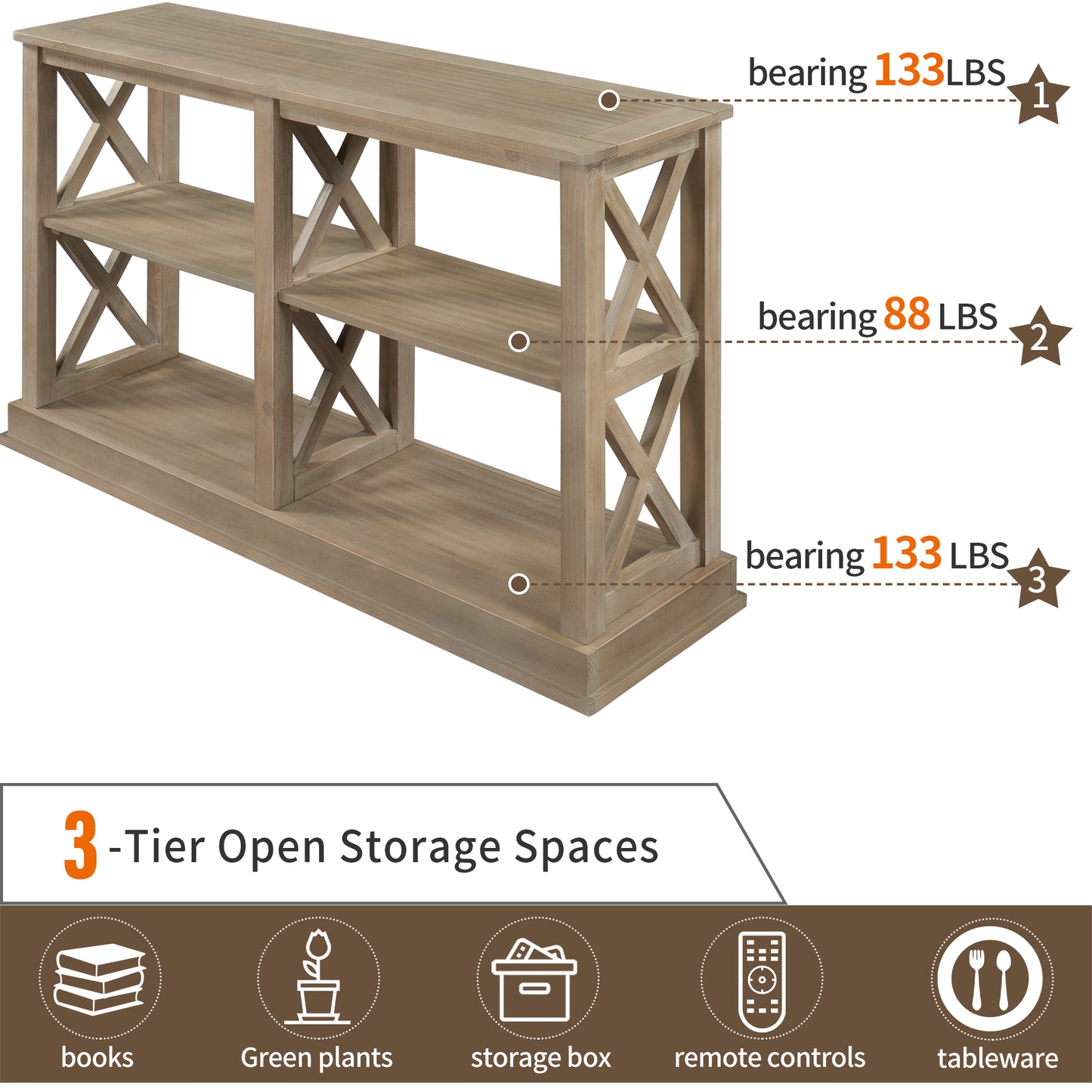 Narrow Console Table with 3-Tier Open Storage Spaces and X Legs for Living Room Entryway Hallway White Wash