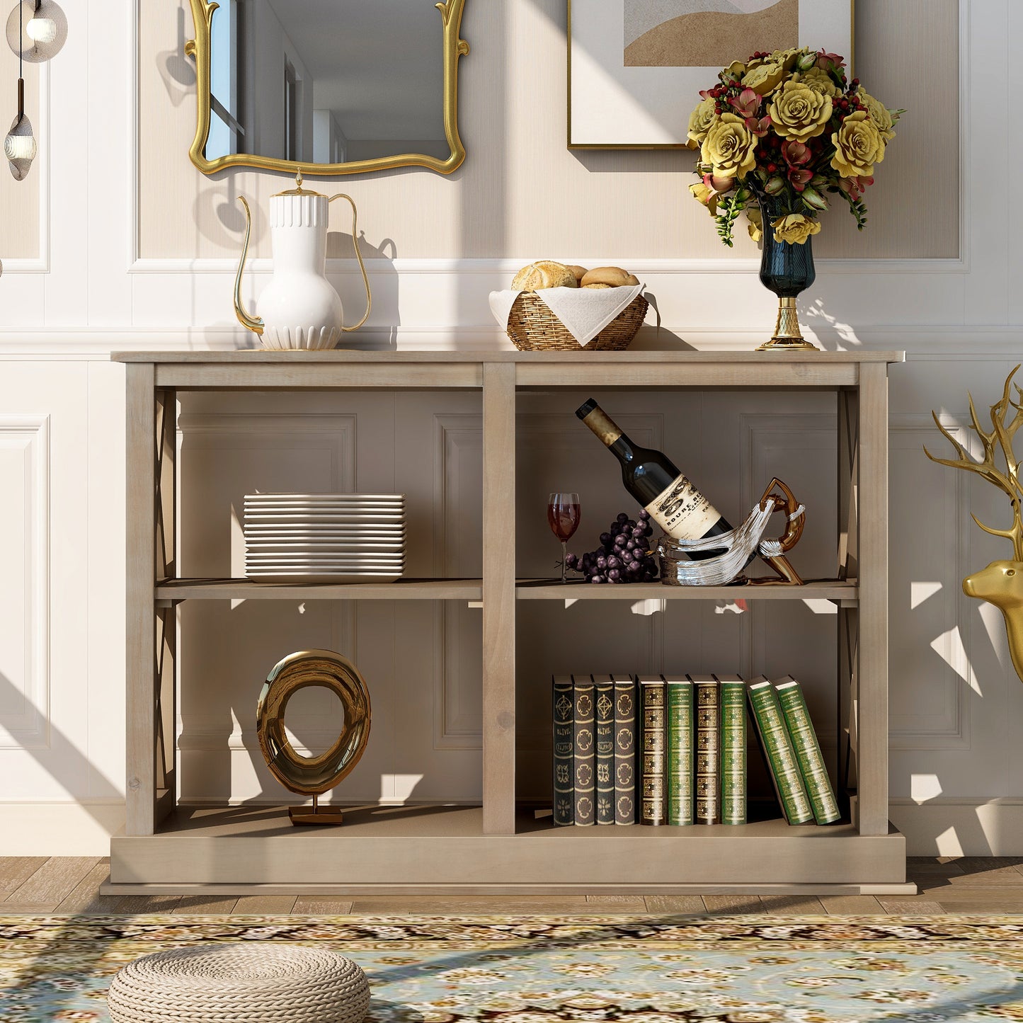 Narrow Console Table with 3-Tier Open Storage Spaces and X Legs for Living Room Entryway Hallway White Wash