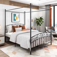 Queen Size Metal Canopy Bed Frame with Headboard & Footboard, Stylish Black Design, Durable Support, Elegant Bedroom Furniture