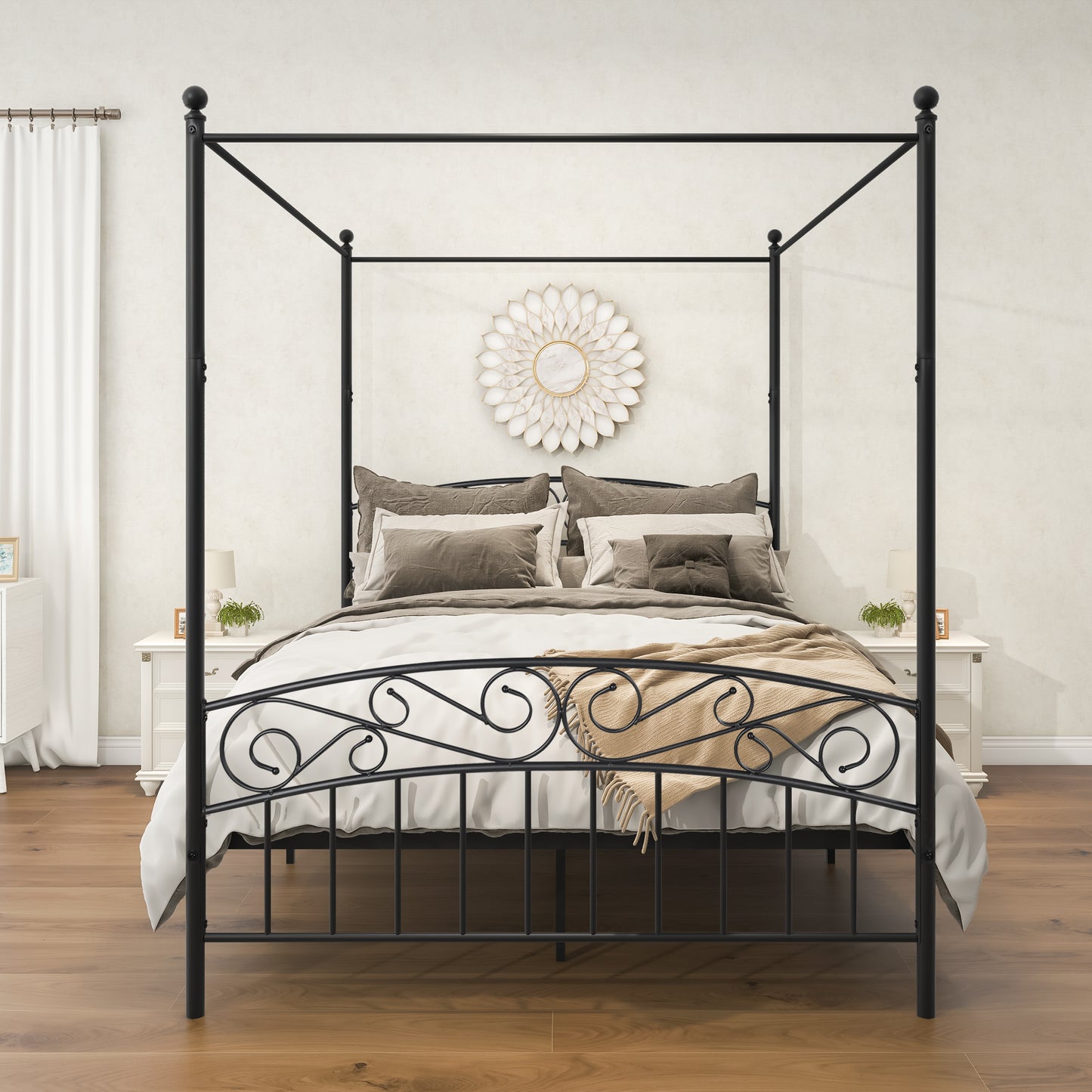 Queen Size Metal Canopy Bed Frame with Headboard & Footboard, Stylish Black Design, Durable Support, Elegant Bedroom Furniture