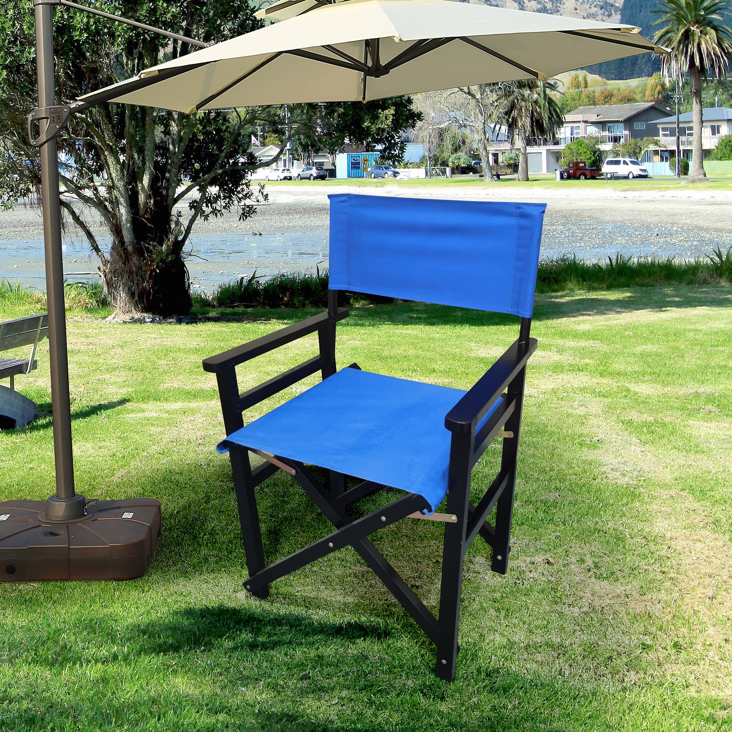 Set of 2 Wooden Folding Director Chairs with Blue Canvas Seat - Portable & Stylish Outdoor Seating