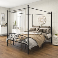 Queen Size Metal Canopy Bed Frame with Headboard & Footboard, Stylish Black Design, Durable Support, Elegant Bedroom Furniture