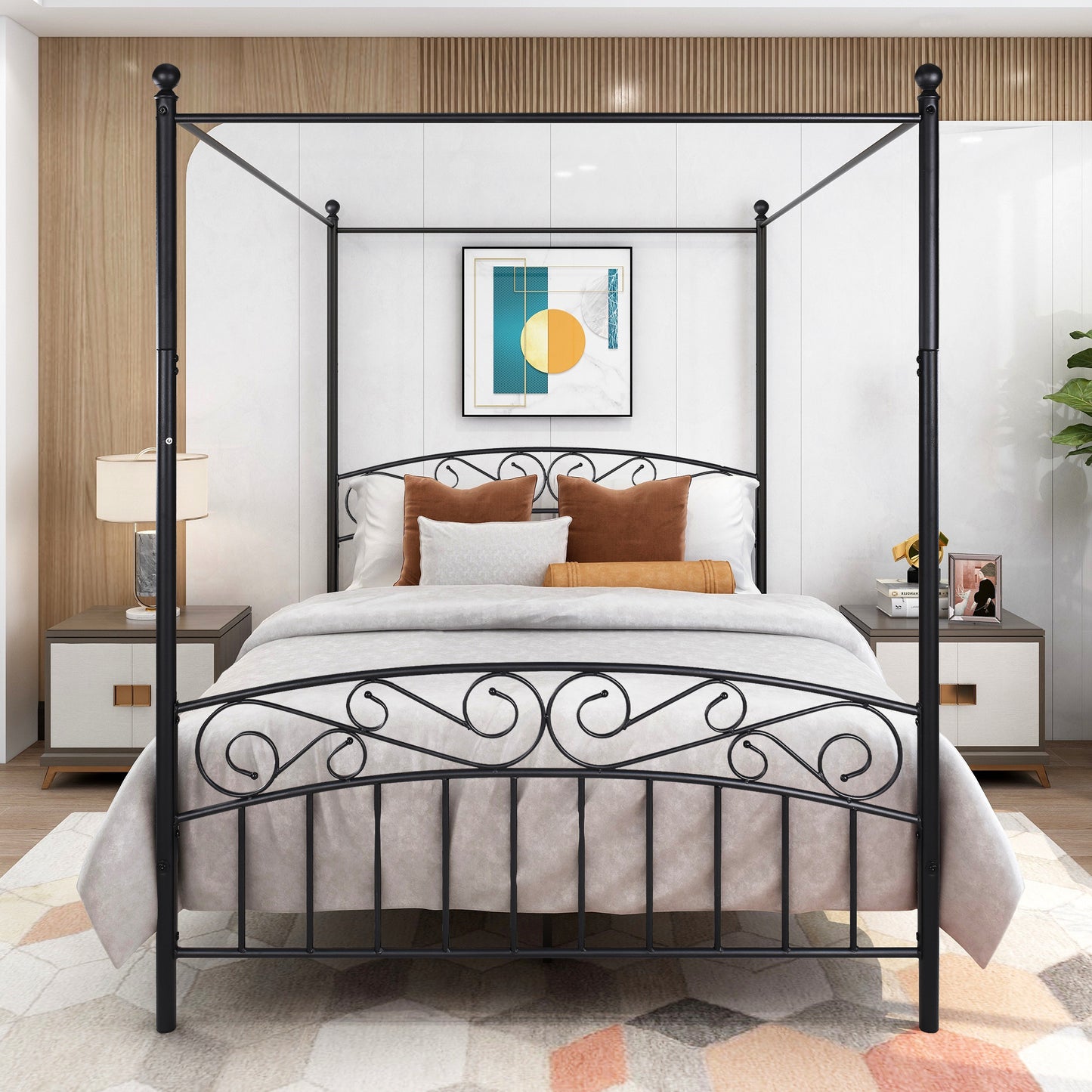 Queen Size Metal Canopy Bed Frame with Headboard & Footboard, Stylish Black Design, Durable Support, Elegant Bedroom Furniture