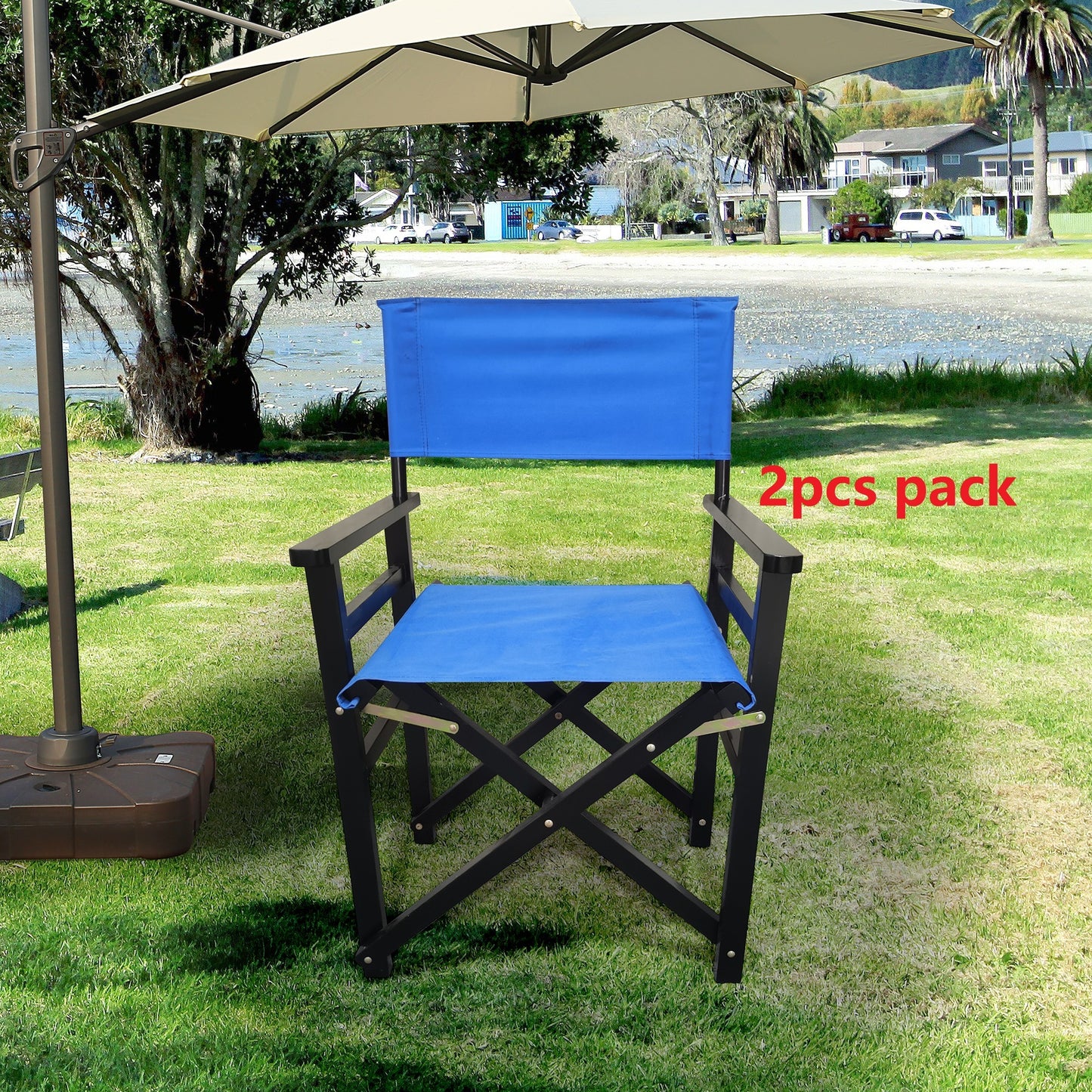 Set of 2 Wooden Folding Director Chairs with Blue Canvas Seat - Portable & Stylish Outdoor Seating