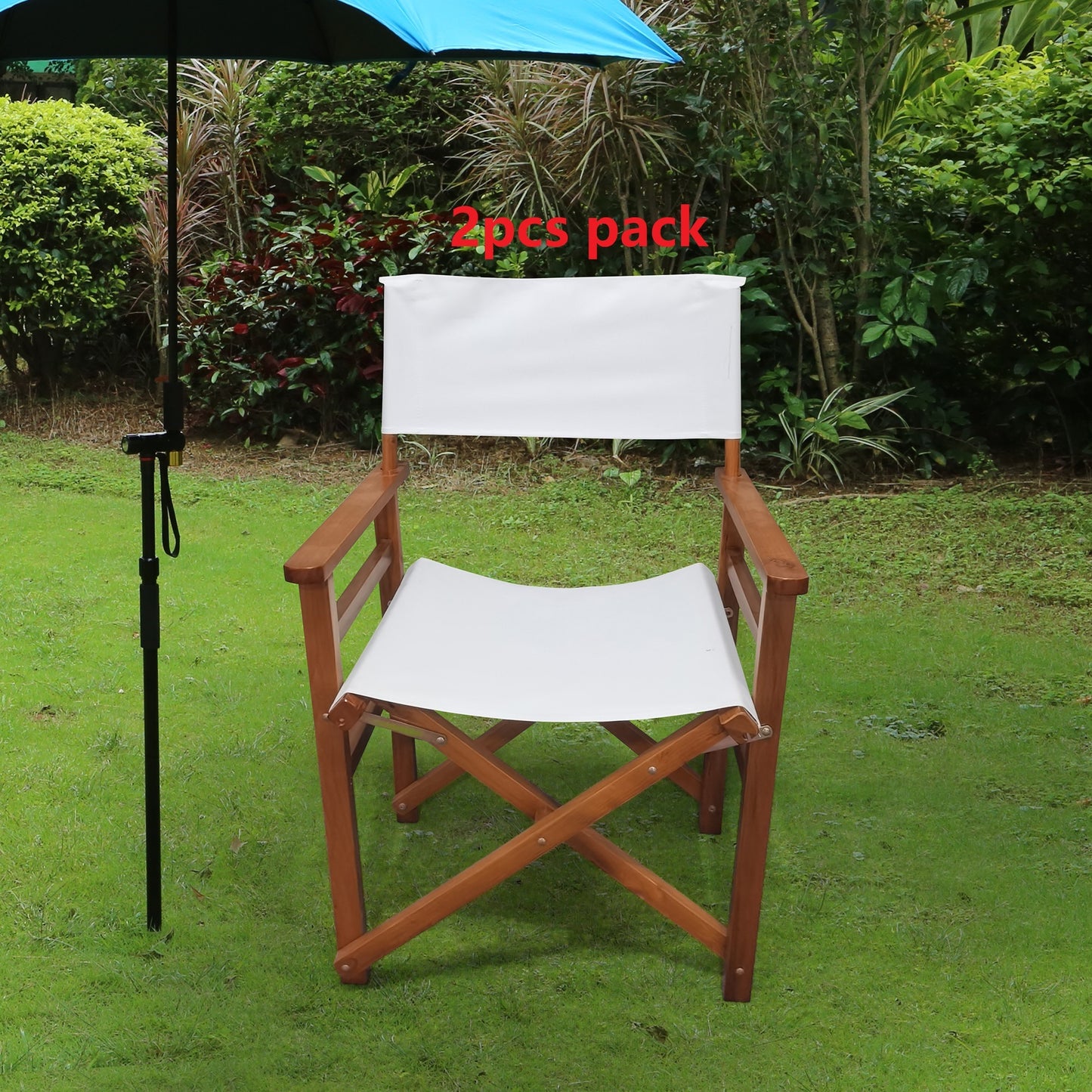 Stylish White Wooden Folding Director Chair Set - 2pcs Canvas Camping & Patio Seats, Lightweight & Portable