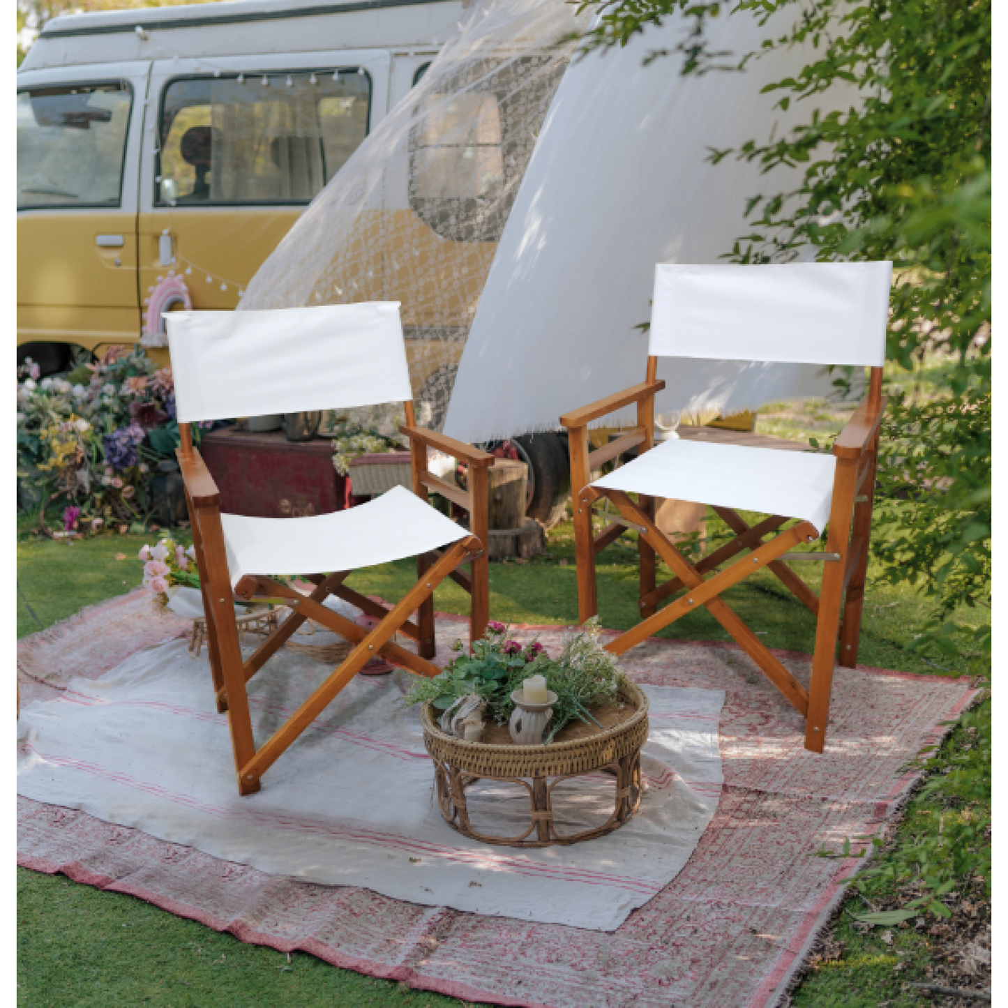 Stylish White Wooden Folding Director Chair Set - 2pcs Canvas Camping & Patio Seats, Lightweight & Portable