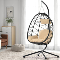 Comfortable Egg Chair with Stand, Indoor/Outdoor Swing Chair for Patio, Wicker Hanging Basket Hammock Chair for Bedroom, Living Room