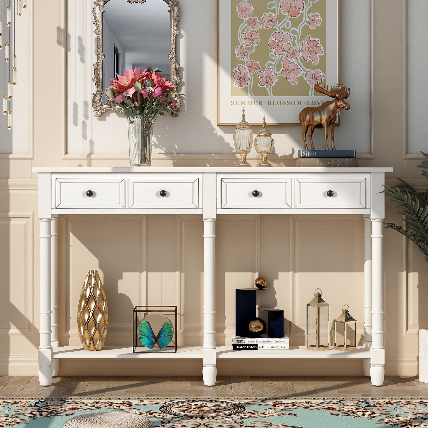 Console Table Sofa Table Easy Assembly with Two Storage Drawers and Bottom Shelf for Living Room Entryway Ivory White