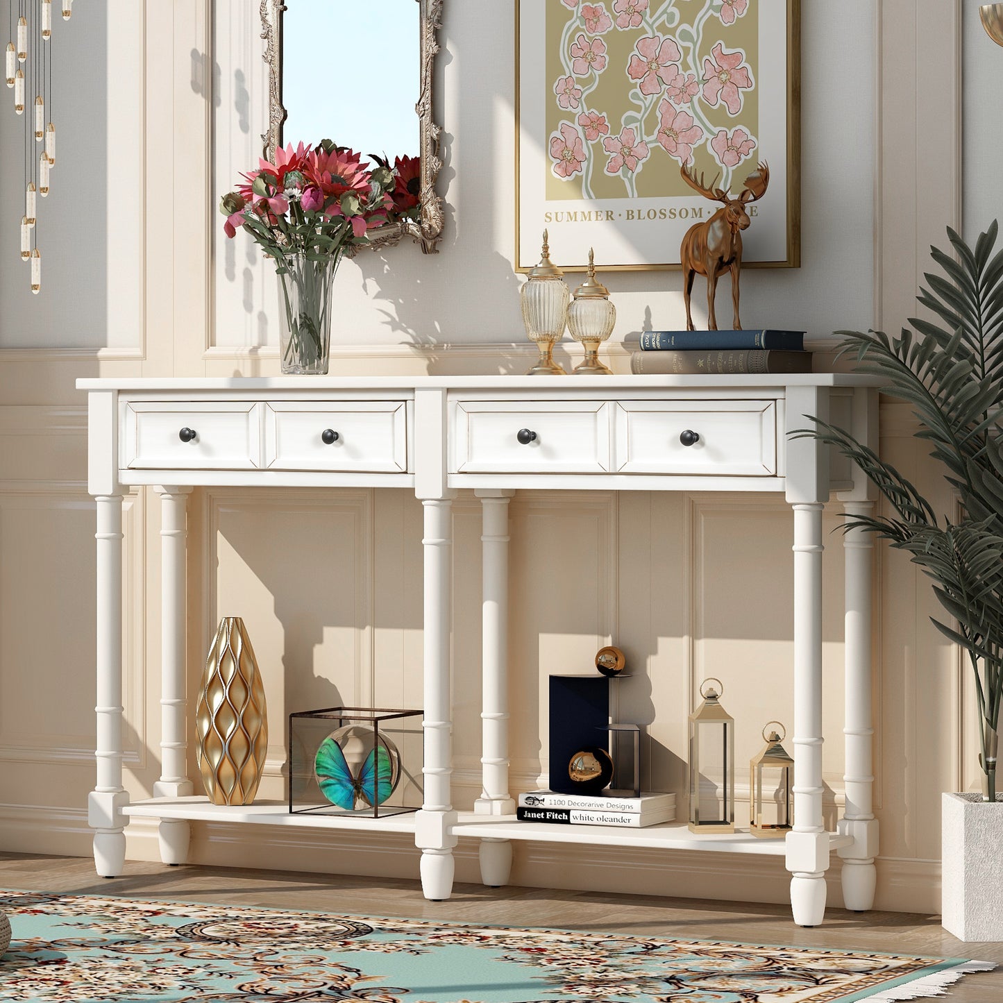 Console Table Sofa Table Easy Assembly with Two Storage Drawers and Bottom Shelf for Living Room Entryway Ivory White