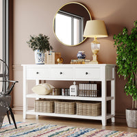 Retro Design Console Table with Two Open Shelves, Solid Pine Frame and Legs for Living Room - Antique White Finish