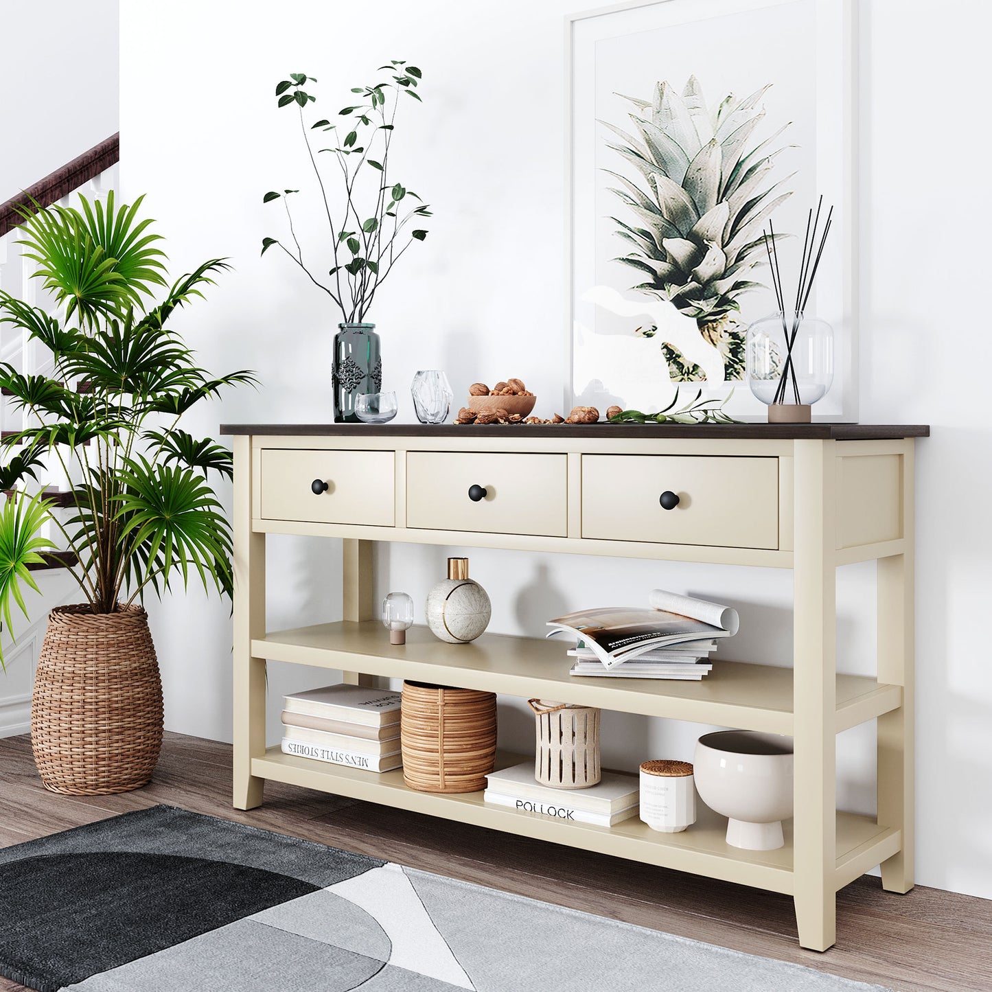 Retro Design Console Table with Two Open Shelves, Solid Pine Wood Frame and Legs, Perfect for Living Room - Espresso and Beige Finish