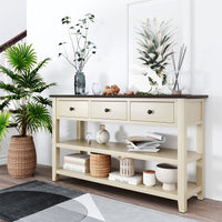 Retro Design Console Table with Two Open Shelves, Solid Pine Wood Frame and Legs, Perfect for Living Room - Espresso and Beige Finish