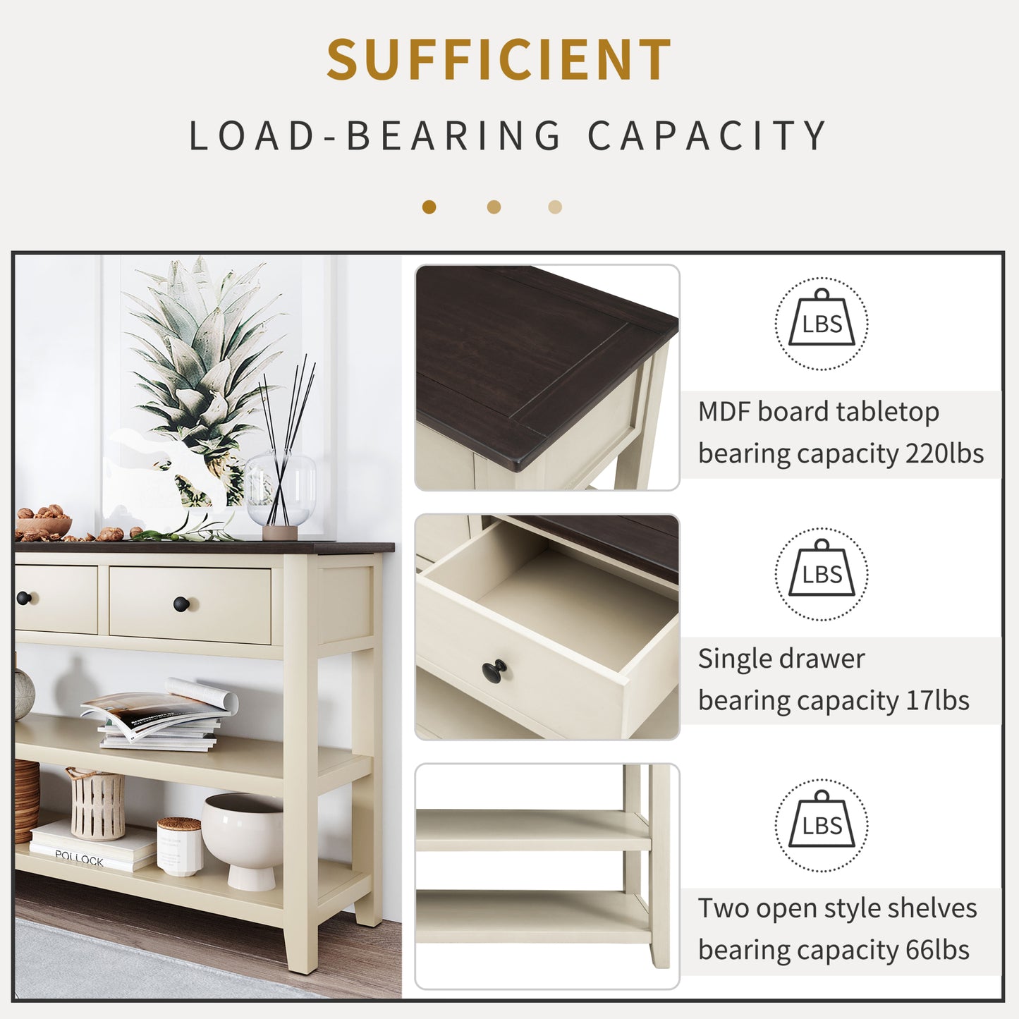 Retro Design Console Table with Two Open Shelves, Solid Pine Wood Frame and Legs, Perfect for Living Room - Espresso and Beige Finish