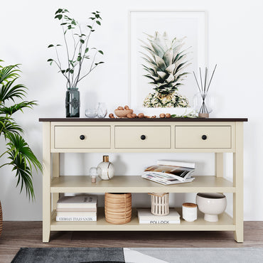 Retro Design Console Table with Two Open Shelves, Solid Pine Wood Frame and Legs, Perfect for Living Room - Espresso and Beige Finish