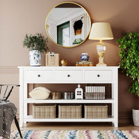 Retro Design Console Table with Two Open Shelves, Solid Pine Frame and Legs for Living Room - Antique White Finish