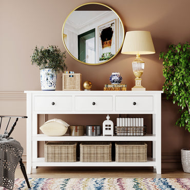 Retro Design Console Table with Two Open Shelves, Solid Pine Frame and Legs for Living Room - Antique White Finish
