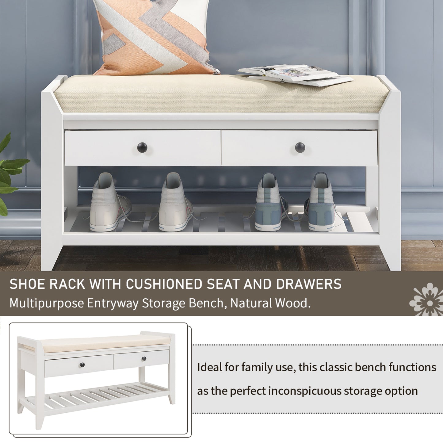 Multipurpose Shoe Rack with Cushioned Seat and Drawers - Entryway Storage Bench, White