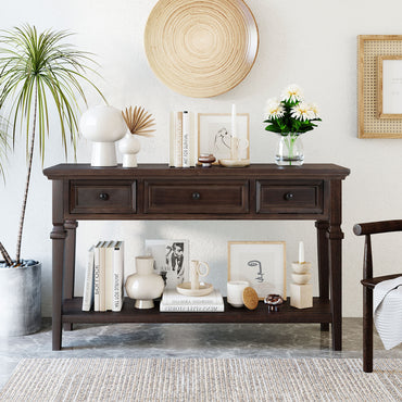 Classic Retro Console Table with 3 Drawers and Open Shelf – Easy Assembly, Espresso Finish
