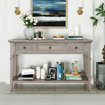 Classic Retro Style Console Table with 3 Top Drawers & Open Shelf, Easy Assembly (Gray Wash)