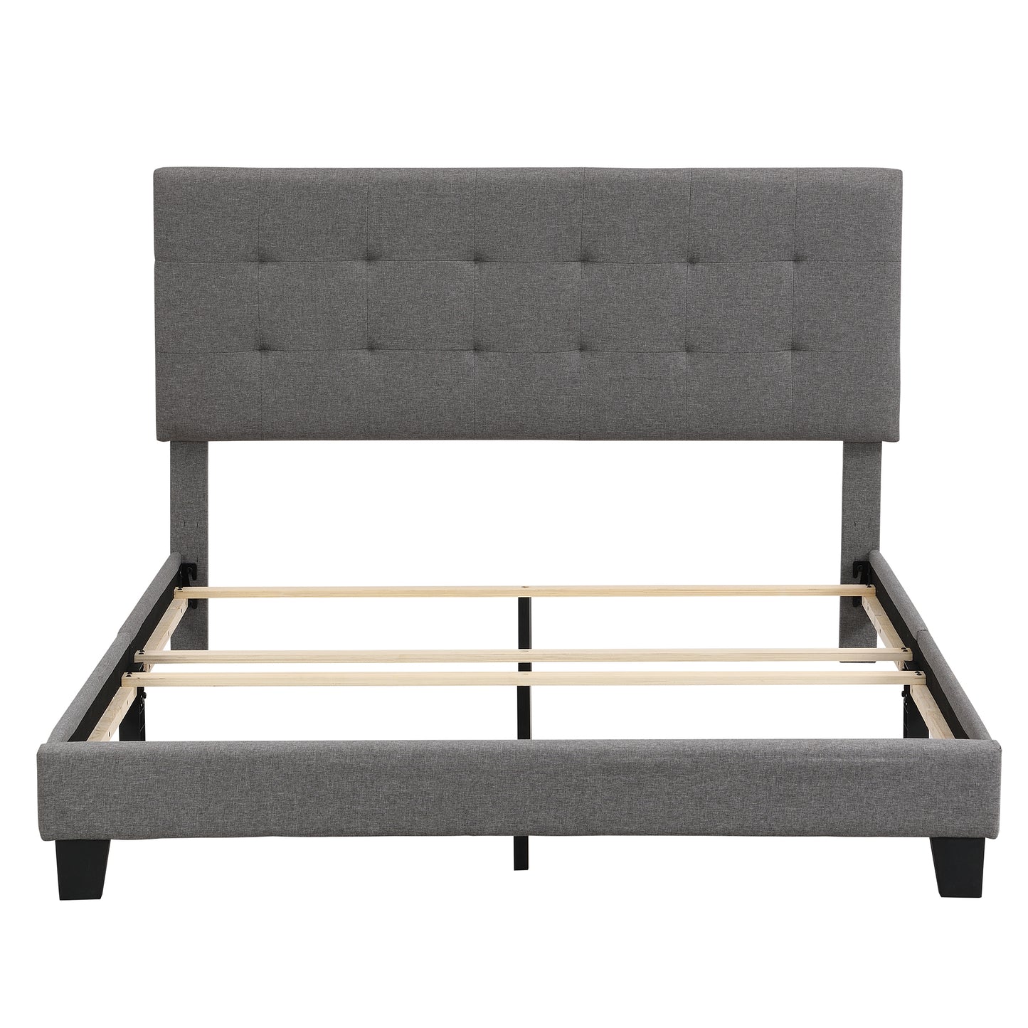 Upholstered Queen Platform Bed with Tufted Headboard, Gray Linen Fabric, Box Spring Required, Modern Home Furniture