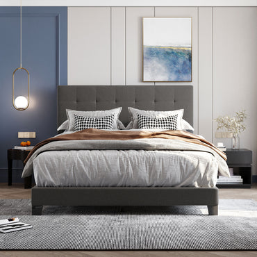 Upholstered Queen Platform Bed with Tufted Headboard, Gray Linen Fabric, Box Spring Required, Modern Home Furniture