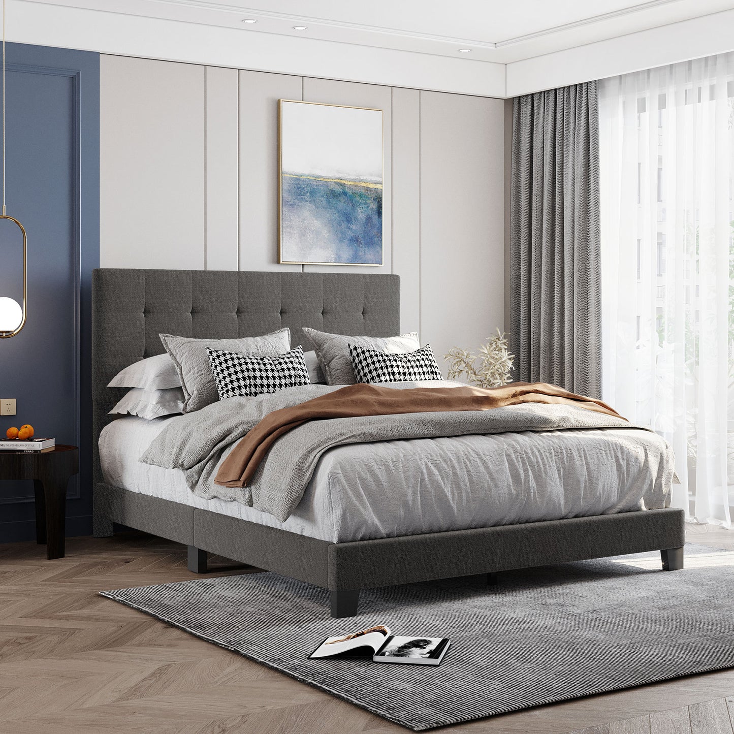 Upholstered Queen Platform Bed with Tufted Headboard, Gray Linen Fabric, Box Spring Required, Modern Home Furniture