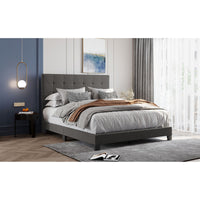 Upholstered Queen Platform Bed with Tufted Headboard, Gray Linen Fabric, Box Spring Required, Modern Home Furniture