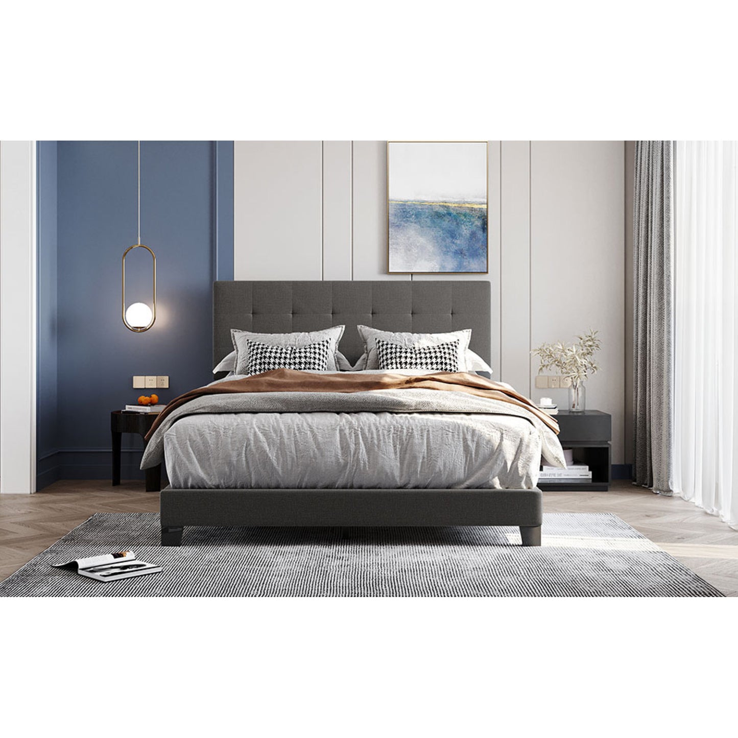 Upholstered Queen Platform Bed with Tufted Headboard, Gray Linen Fabric, Box Spring Required, Modern Home Furniture