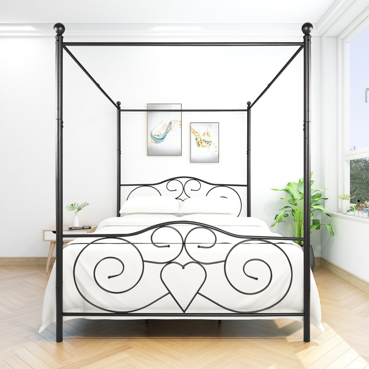 Metal Canopy Bed Frame with Vintage Style Headboard & Footboard, Easy DIY Assembly, Queen Size, Black