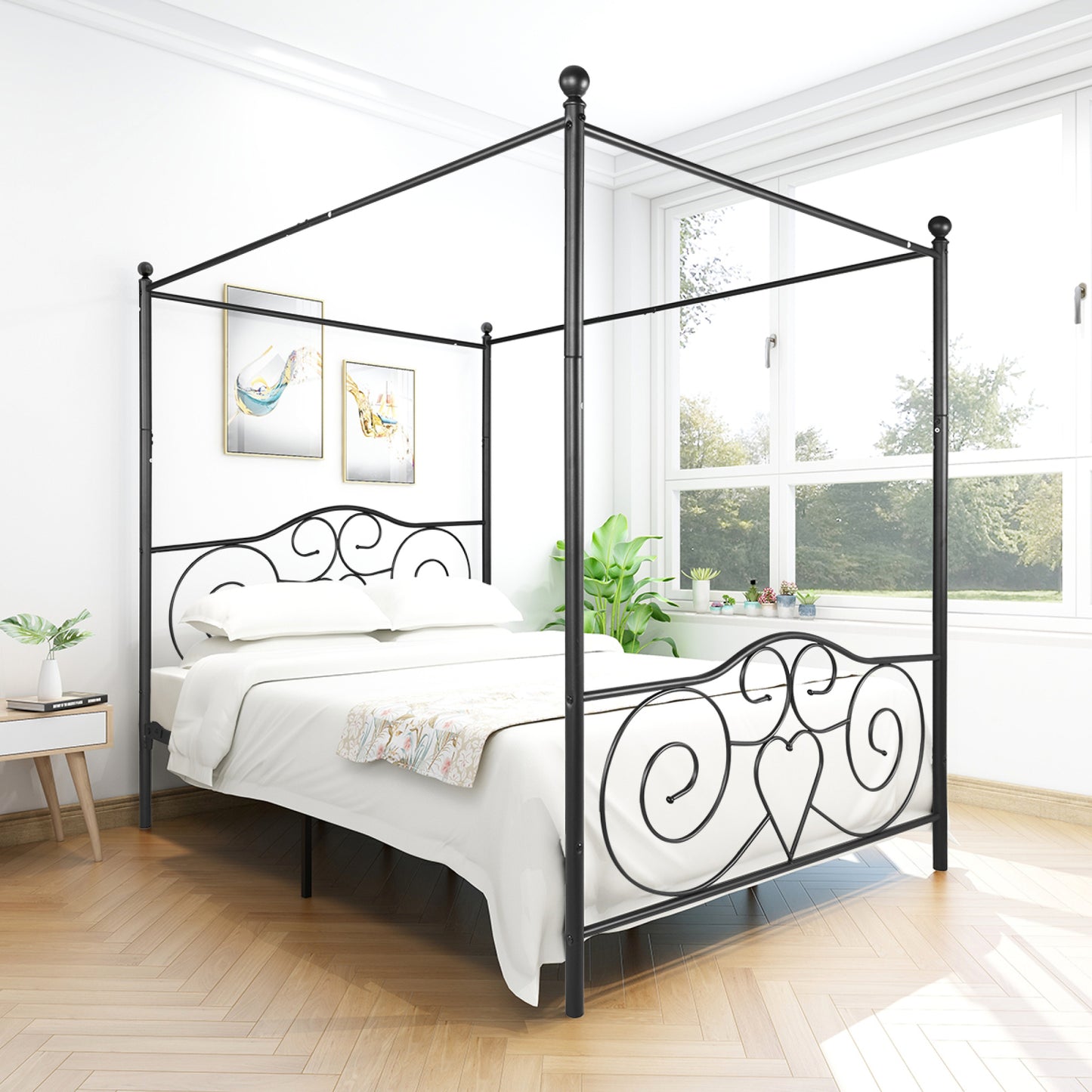 Metal Canopy Bed Frame with Vintage Style Headboard & Footboard, Easy DIY Assembly, Queen Size, Black