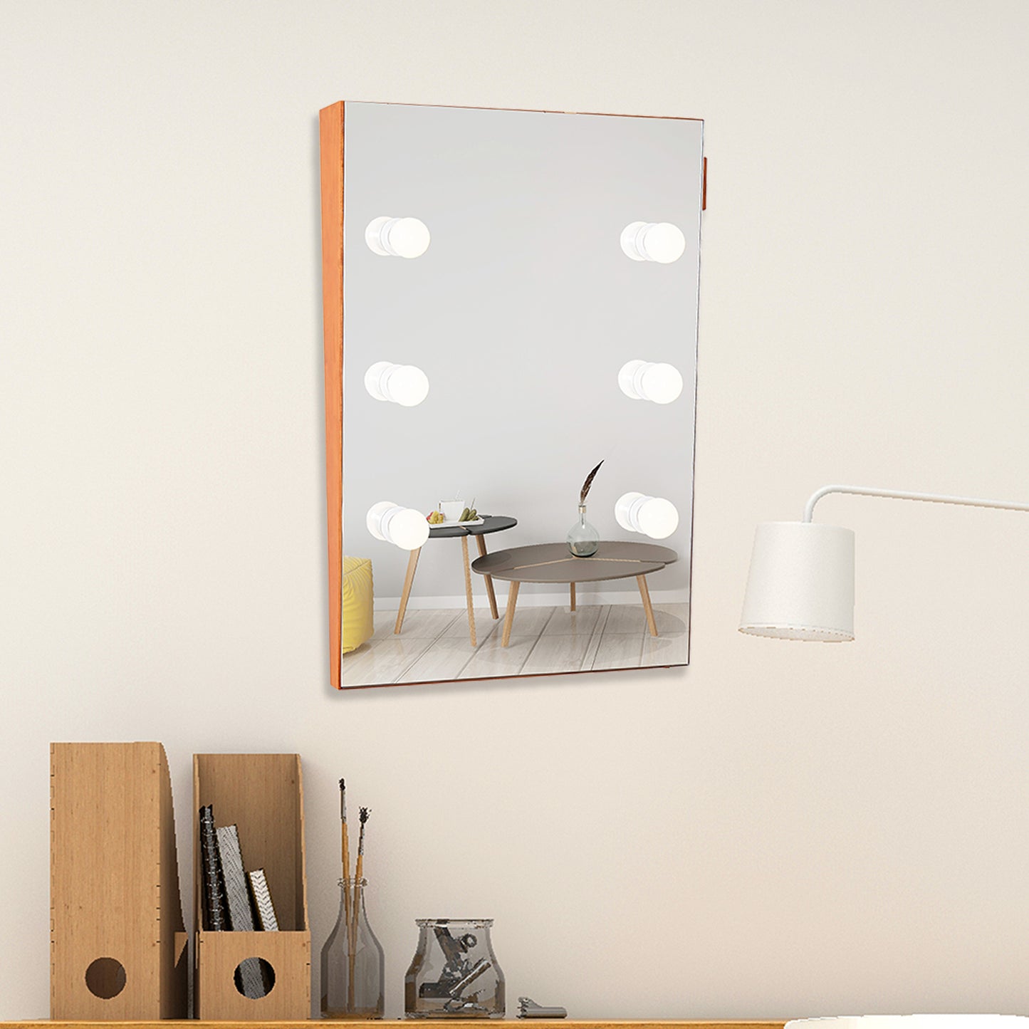 Wooden Wall Vanity Mirror with LED Bulbs - Makeup & Dressing Mirror for Home Decor, Stylish and Functional, 40x30cm