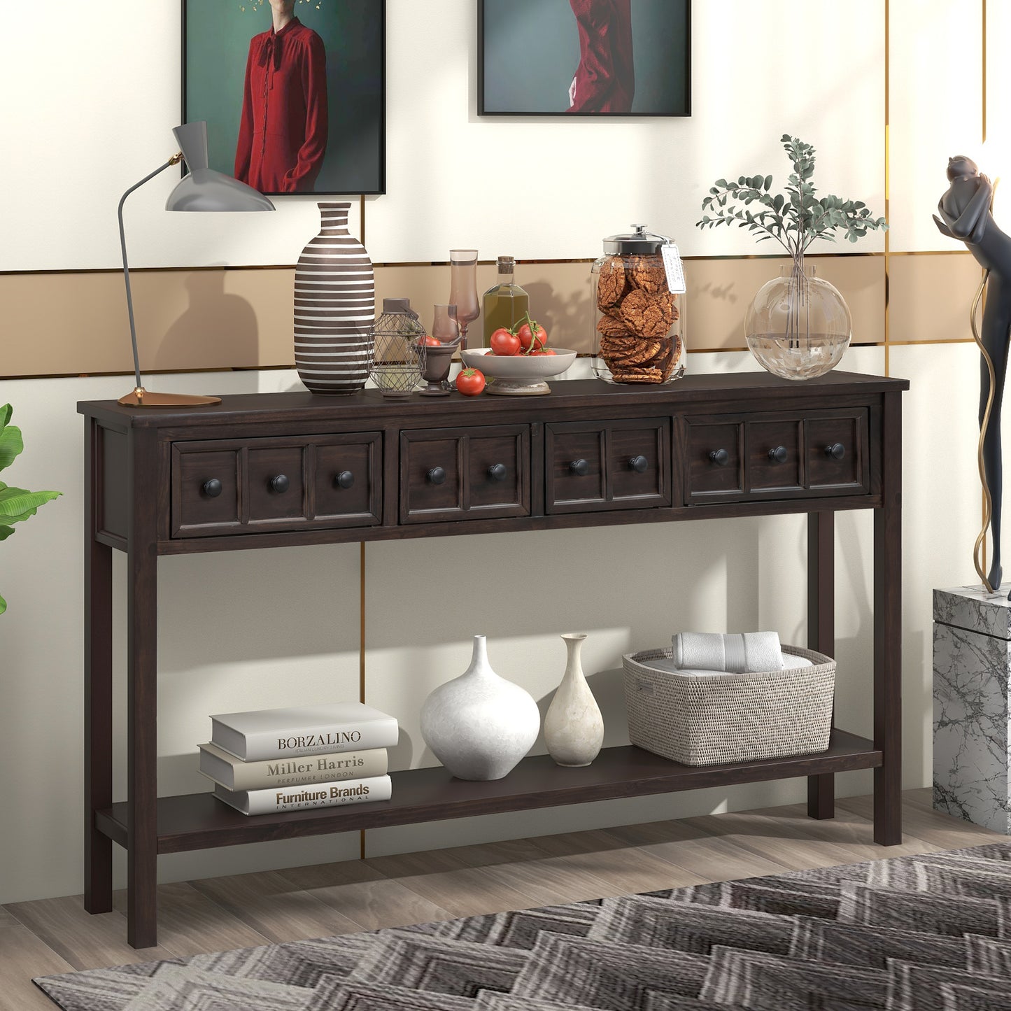 Rustic 60 Entryway Console Table with Dual Size Drawers & Bottom Shelf for Storage - Espresso Finish, Ideal for Living Room & Hallway