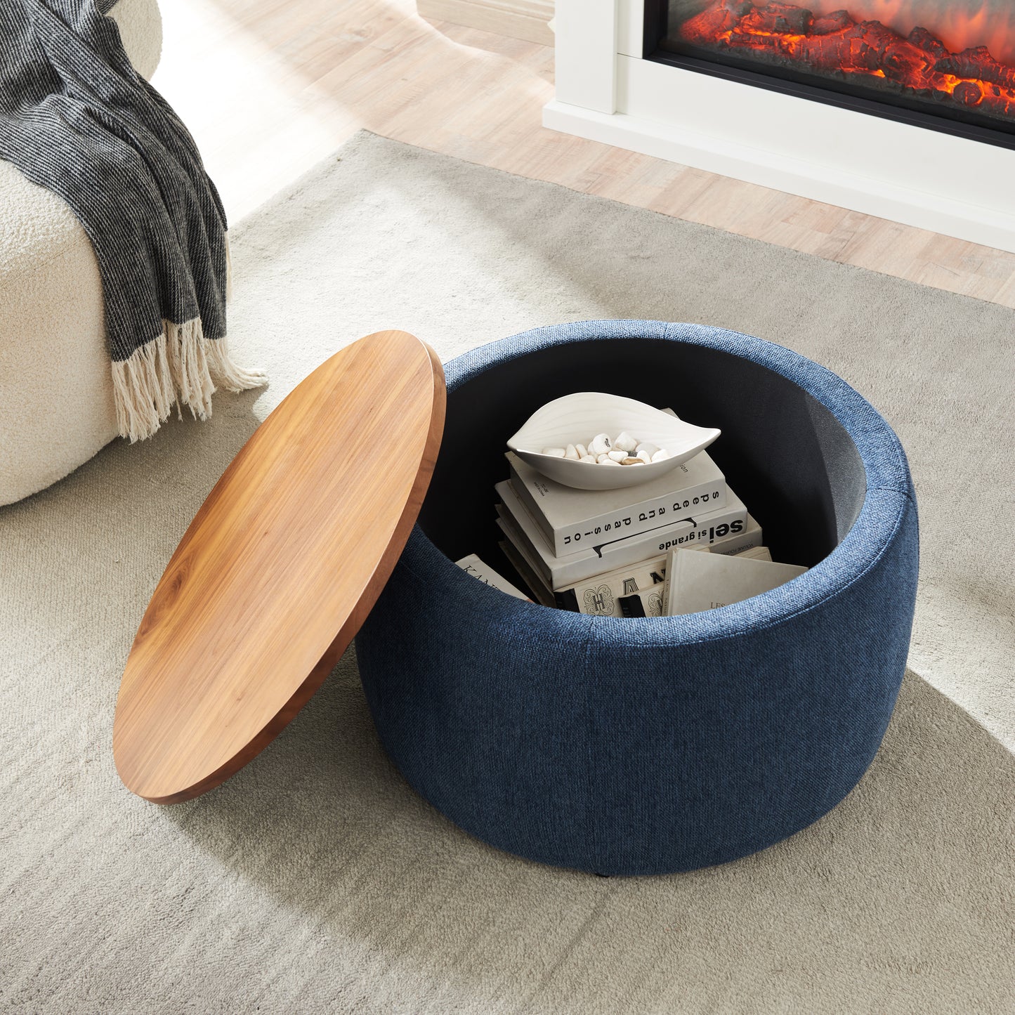 Round Storage Ottoman 2 in 1 End Table and Ottoman Navy 25.5x25.5x14.5 Ideal for Living Room or Bedroom