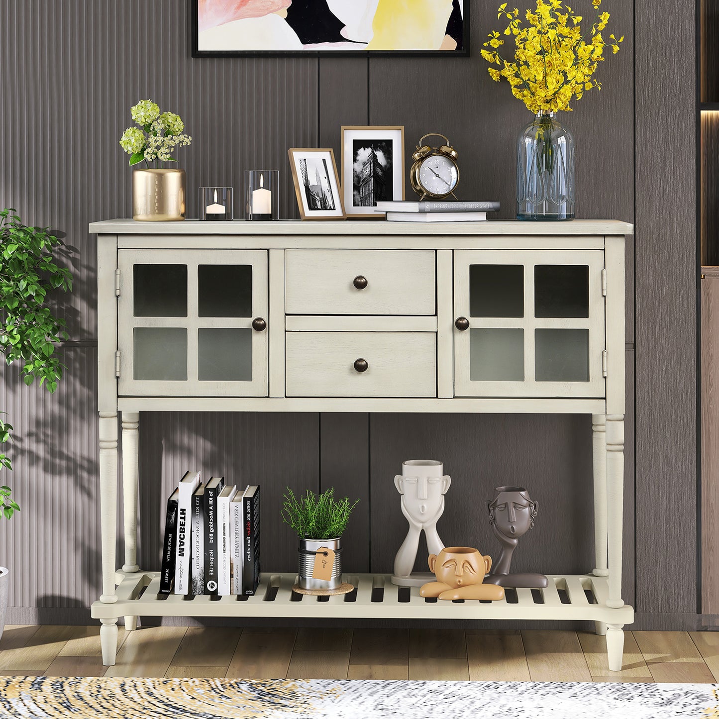 Sideboard Console Table with Bottom Shelf Farmhouse Wood Glass Buffet Storage Cabinet Living Room Antique Grey