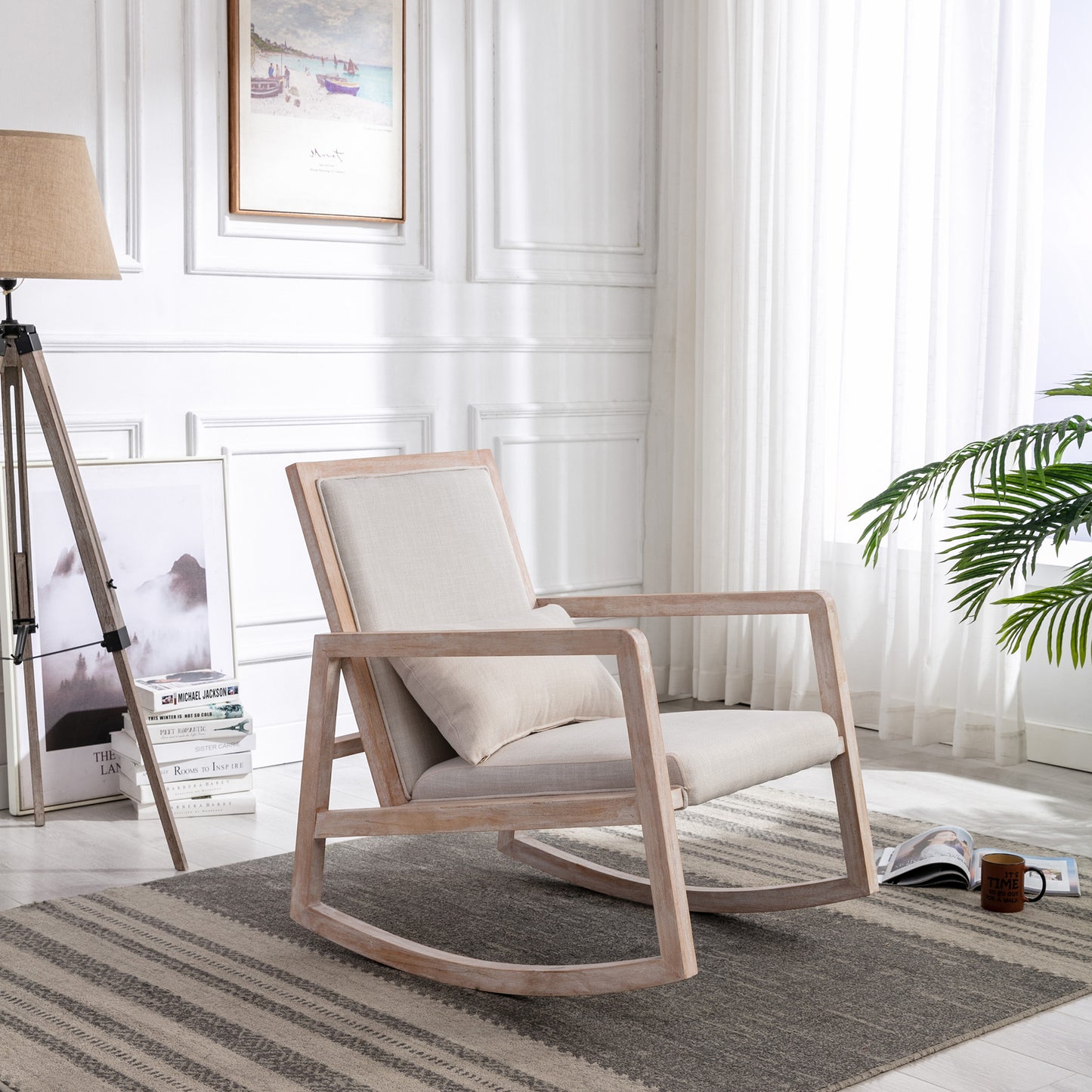 Solid Wood Antique White Wash Rocking Chair with Linen Fabric and Removable Lumbar Pillow