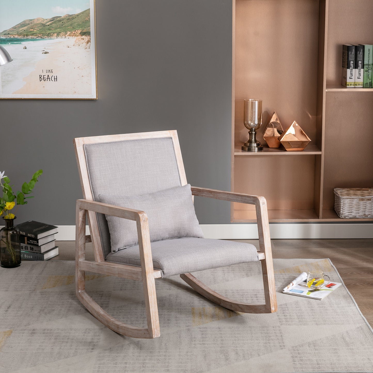 Antique White Wash Solid Wood Rocking Chair with Removable Lumbar Pillow, Linen Fabric Accent Chair