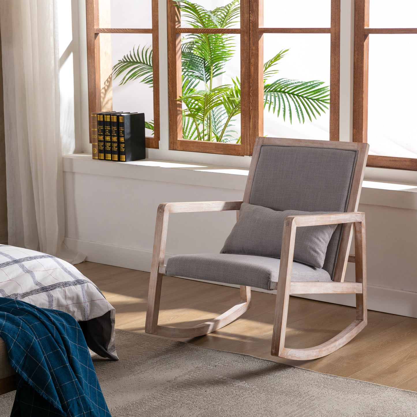 Antique White Wash Solid Wood Rocking Chair with Removable Lumbar Pillow, Linen Fabric Accent Chair