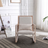 Solid Wood Antique White Wash Rocking Chair with Linen Fabric and Removable Lumbar Pillow