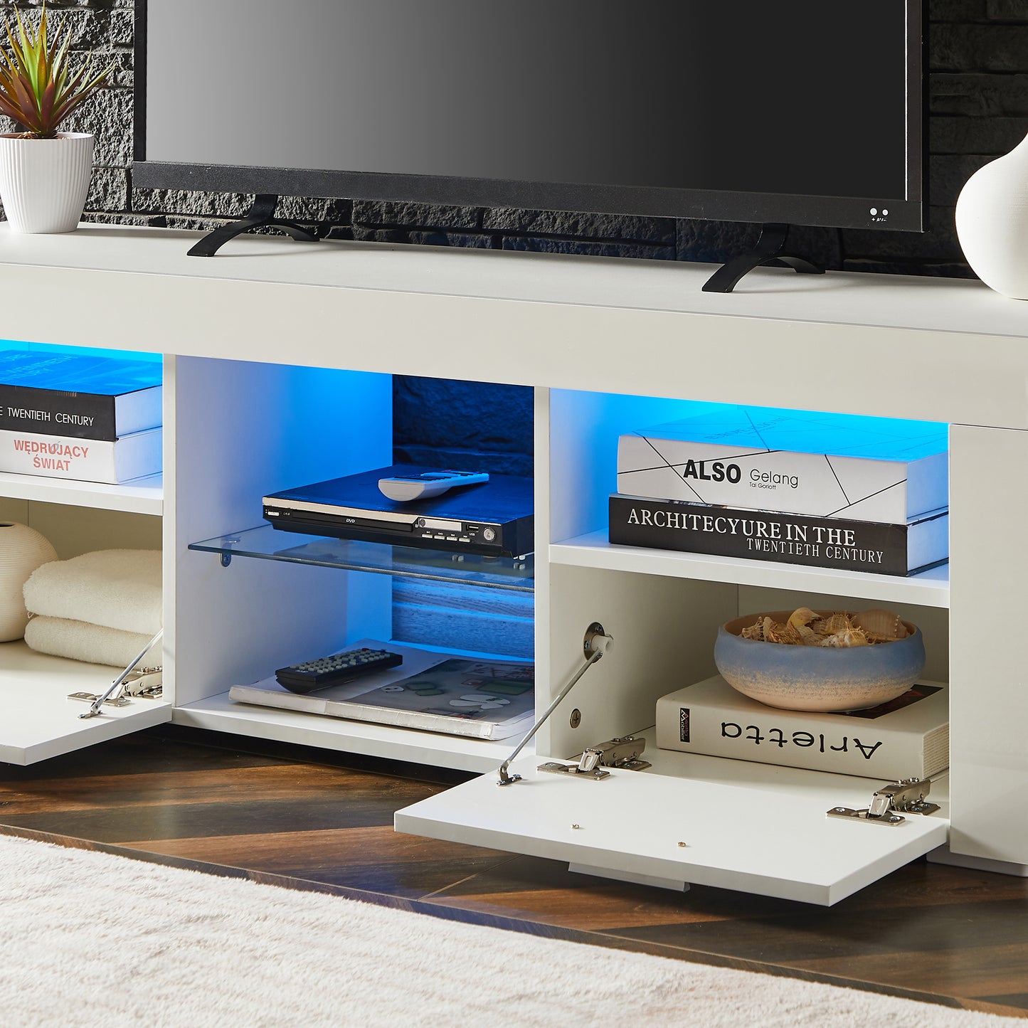 Modern White TV Stand with LED Lights, High Gloss Front, Assembly for Lounge, Living Room, or Bedroom