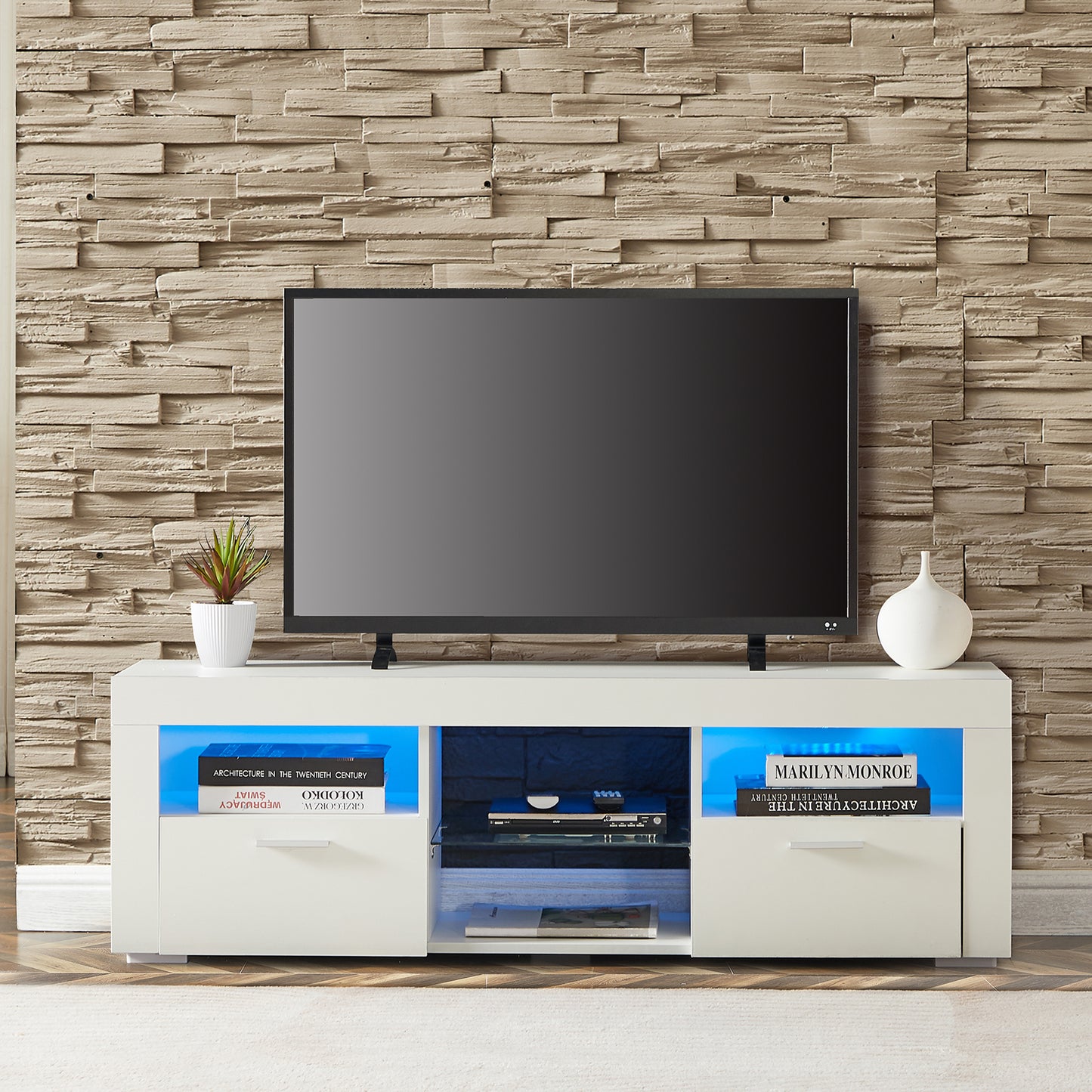 Modern White TV Stand with LED Lights, High Gloss Front, Assembly for Lounge, Living Room, or Bedroom