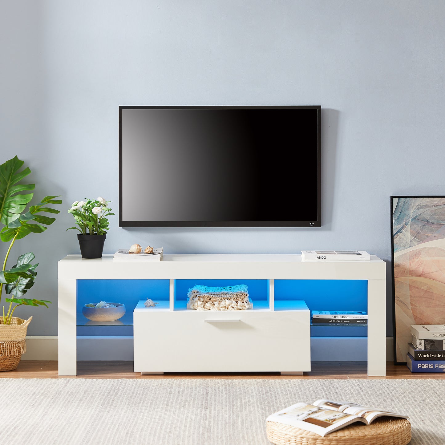 Stylish White TV Stand with LED Light Belt & Remote Control, Modern Entertainment Center, Toughened Glass Shelves, Metal Handles