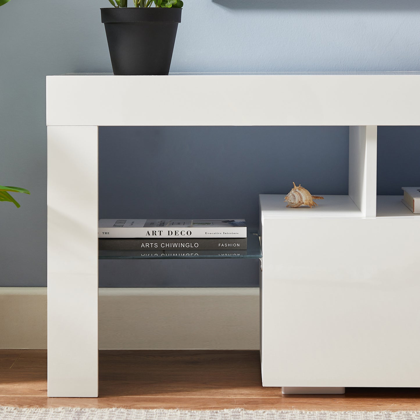 Stylish White TV Stand with LED Light Belt & Remote Control, Modern Entertainment Center, Toughened Glass Shelves, Metal Handles