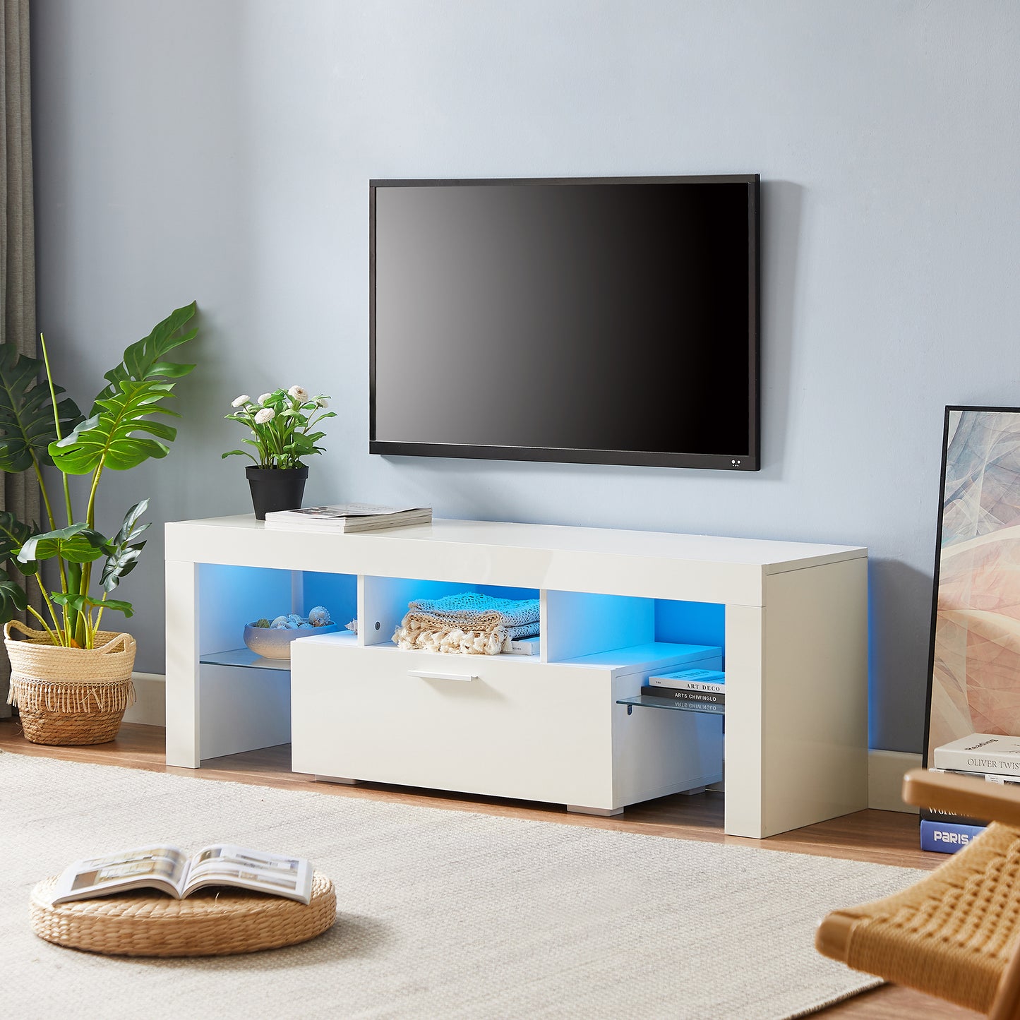 Stylish White TV Stand with LED Light Belt & Remote Control, Modern Entertainment Center, Toughened Glass Shelves, Metal Handles