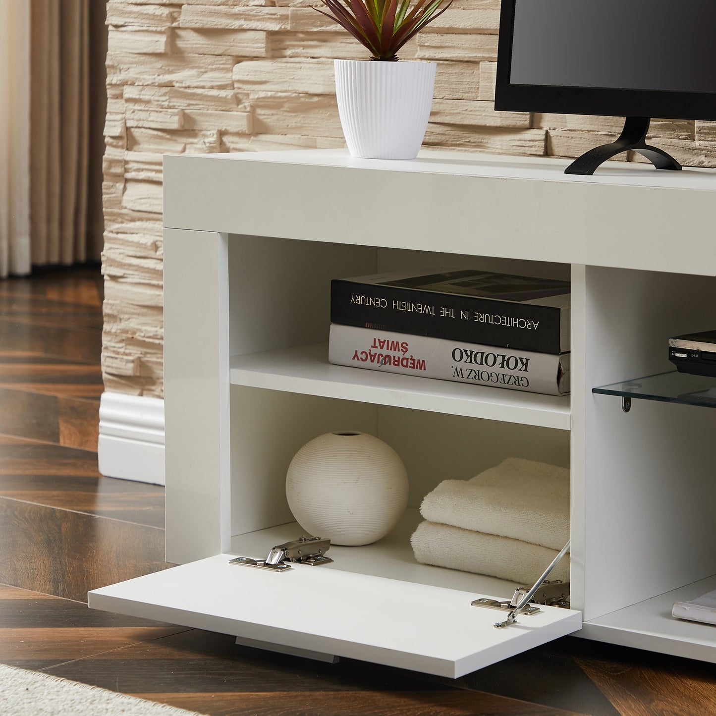 Modern White TV Stand with LED Lights, High Gloss Front, Assembly for Lounge, Living Room, or Bedroom