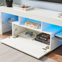 Stylish White TV Stand with LED Light Belt & Remote Control, Modern Entertainment Center, Toughened Glass Shelves, Metal Handles