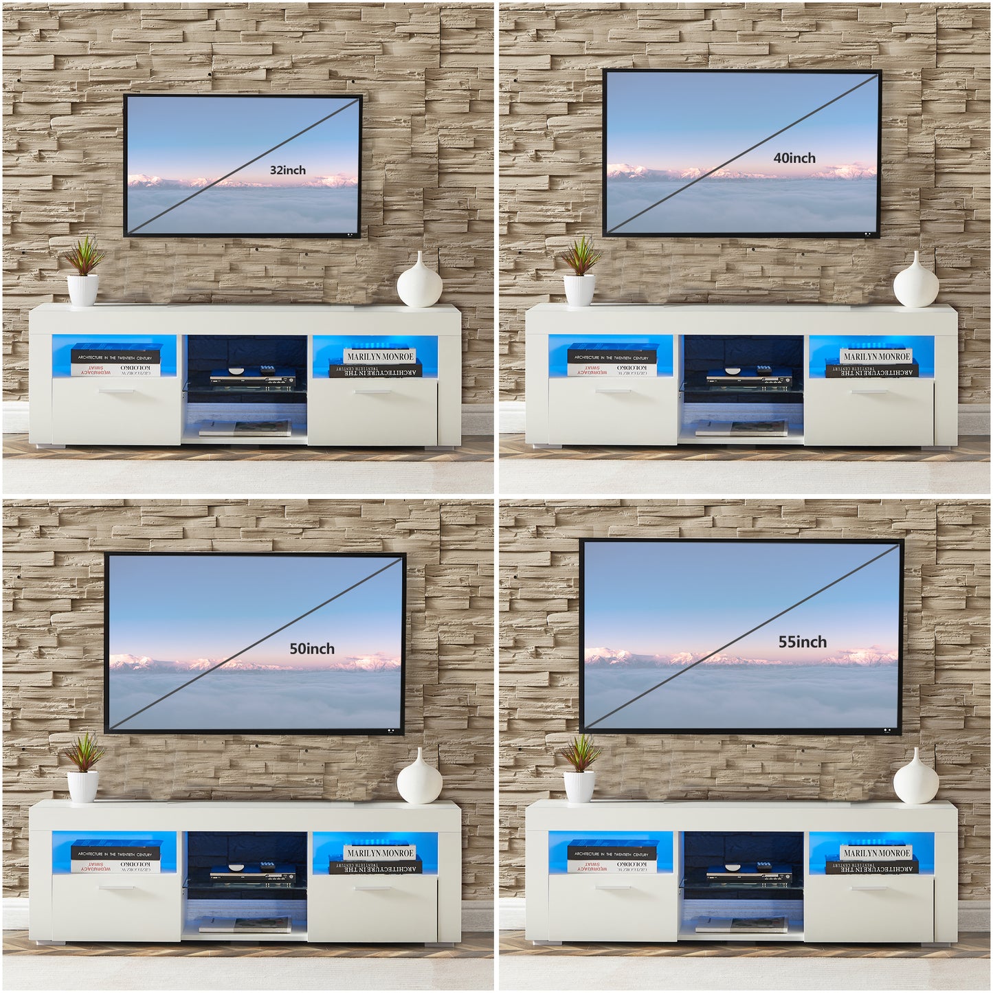 Modern White TV Stand with LED Lights, High Gloss Front, Assembly for Lounge, Living Room, or Bedroom